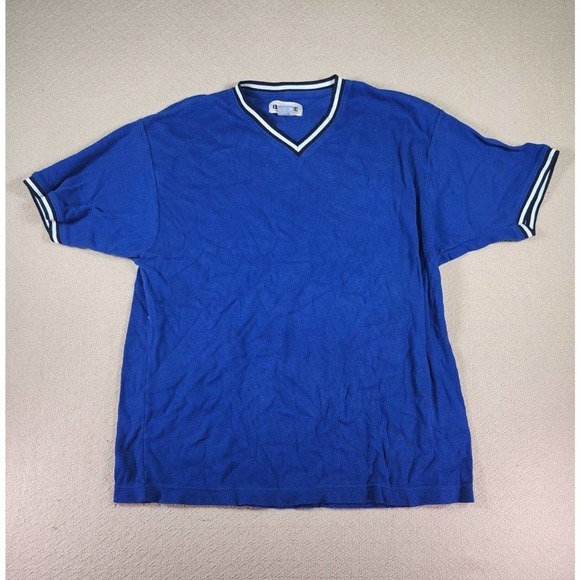 Badge Shirt Mens Medium M Stretch Blue Regular Short Sleeve V Neck Y2K NWT A3 - Picture 1 of 12